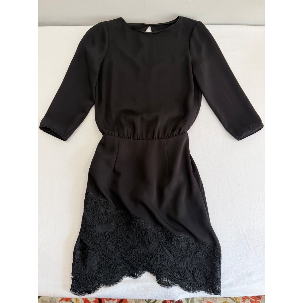 Reiss Marie Dress Black Lace Hem 3/4 Sleeve Lined Cocktail Classic Luxury